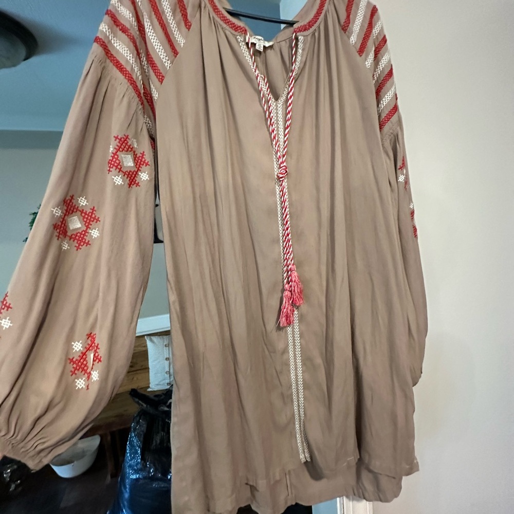 Hayden Tan Tunic with Red Embroidery